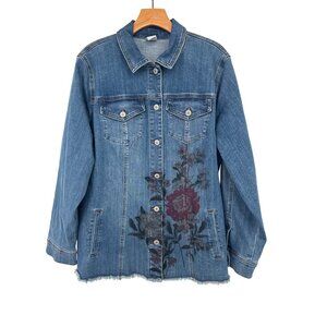 Chicos 3 Denim Jacket Floral Print Button Front Frayed Hem Size XL Womens